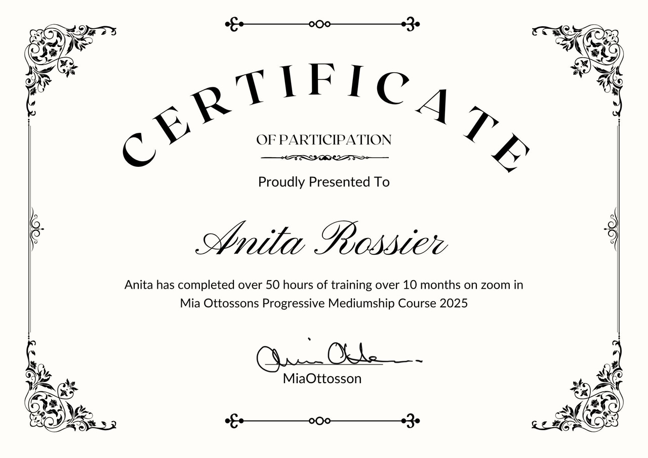 Certificat de formation en médiumnité délivré par Mia Ottosson (experte issue de l'Arthur Findlay College) à Anita Rossier