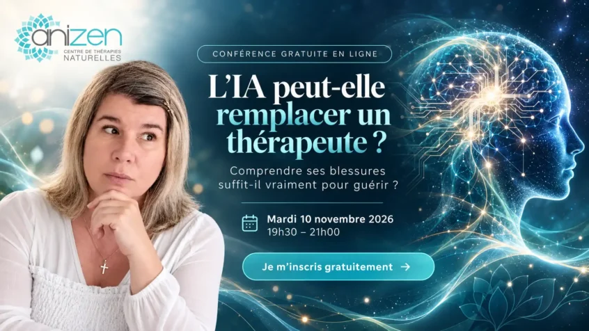 Affiche de la conférence gratuite sur l'intelligence artificielle et la thérapie, animée par Anita Rossier du Centre Anizen, le 10 novembre 2026.
