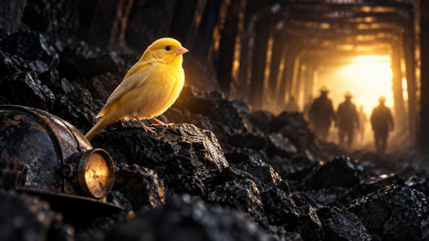Hypersensibilité : un canari jaune dans une mine de charbon, symbole d'alerte face aux dangers invisibles.